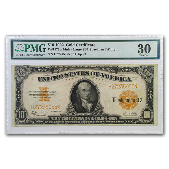 1922 $10 Gold Certificate Hillegas VF-30 PMG 1922 $10 Gold Certificate Hillegas VF-30 PMG